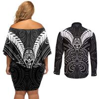 Kia Kaha Te Reo Maori Couples Matching Off Shoulder Short Dress and Long Sleeve Button Shirt Aotearoa Hei Tiki With Hongi LT14 - Polynesian Pride