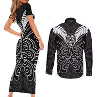 Kia Kaha Te Reo Maori Couples Matching Short Sleeve Bodycon Dress and Long Sleeve Button Shirt Aotearoa Hei Tiki With Hongi LT14 - Polynesian Pride