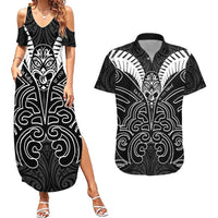 Kia Kaha Te Reo Maori Couples Matching Summer Maxi Dress and Hawaiian Shirt Aotearoa Hei Tiki With Hongi LT14 Black - Polynesian Pride