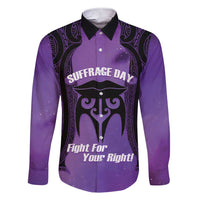 Personalised New Zealand Suffrage Day Family Matching Short Sleeve Bodycon Dress and Hawaiian Shirt Maori Tattoo Galaxy Vibe LT14 Dad's Shirt - Long Sleeve Purple - Polynesian Pride