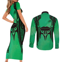Personalised Moko Kauae New Zealand Couples Matching Short Sleeve Bodycon Dress and Long Sleeve Button Shirt Maori Chin Tattoo Green LT14 - Polynesian Pride