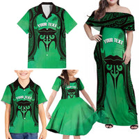 Personalised Moko Kauae New Zealand Family Matching Off Shoulder Maxi Dress and Hawaiian Shirt Maori Chin Tattoo Green LT14 - Polynesian Pride