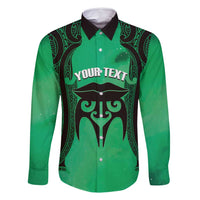 Personalised Moko Kauae New Zealand Family Matching Off Shoulder Maxi Dress and Hawaiian Shirt Maori Chin Tattoo Green LT14 Dad's Shirt - Long Sleeve Green - Polynesian Pride