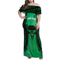 Personalised Moko Kauae New Zealand Family Matching Off Shoulder Maxi Dress and Hawaiian Shirt Maori Chin Tattoo Green LT14 Mom's Dress Green - Polynesian Pride