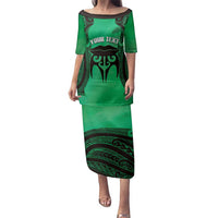 Personalised Moko Kauae New Zealand Family Matching Puletasi and Hawaiian Shirt Maori Chin Tattoo Green LT14 Mom's Dress Green - Polynesian Pride