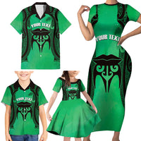 Personalised Moko Kauae New Zealand Family Matching Short Sleeve Bodycon Dress and Hawaiian Shirt Maori Chin Tattoo Green LT14 - Polynesian Pride