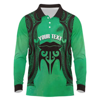 Personalised Moko Kauae New Zealand Long Sleeve Polo Shirt Maori Chin Tattoo Green LT14 Green - Polynesian Pride