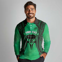 Personalised Moko Kauae New Zealand Long Sleeve Polo Shirt Maori Chin Tattoo Green LT14 - Polynesian Pride