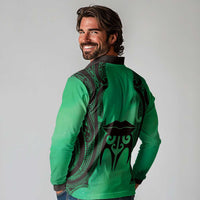 Personalised Moko Kauae New Zealand Long Sleeve Polo Shirt Maori Chin Tattoo Green LT14 - Polynesian Pride