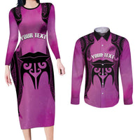 Personalised Moko Kauae New Zealand Couples Matching Long Sleeve Bodycon Dress and Long Sleeve Button Shirt Maori Chin Tattoo Pink LT14 Pink - Polynesian Pride