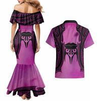 Personalised Moko Kauae New Zealand Couples Matching Mermaid Dress and Hawaiian Shirt Maori Chin Tattoo Pink LT14 - Polynesian Pride