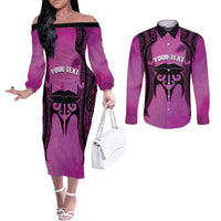 Personalised Moko Kauae New Zealand Couples Matching Off The Shoulder Long Sleeve Dress and Long Sleeve Button Shirt Maori Chin Tattoo Pink LT14 Pink - Polynesian Pride