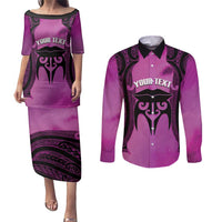 Personalised Moko Kauae New Zealand Couples Matching Puletasi and Long Sleeve Button Shirt Maori Chin Tattoo Pink LT14 Pink - Polynesian Pride