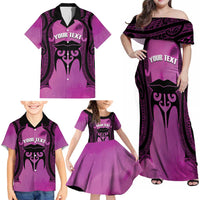 Personalised Moko Kauae New Zealand Family Matching Off Shoulder Maxi Dress and Hawaiian Shirt Maori Chin Tattoo Pink LT14 - Polynesian Pride