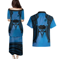 Personalised Moko Kauae New Zealand Couples Matching Puletasi and Hawaiian Shirt Maori Chin Tattoo Blue LT14 - Polynesian Pride