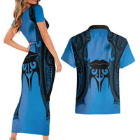 Personalised Moko Kauae New Zealand Couples Matching Short Sleeve Bodycon Dress and Hawaiian Shirt Maori Chin Tattoo Blue LT14 - Polynesian Pride