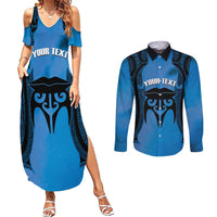 Personalised Moko Kauae New Zealand Couples Matching Summer Maxi Dress and Long Sleeve Button Shirt Maori Chin Tattoo Blue LT14 Blue - Polynesian Pride