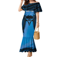 Personalised Moko Kauae New Zealand Family Matching Mermaid Dress and Hawaiian Shirt Maori Chin Tattoo Blue LT14 Mom's Dress Blue - Polynesian Pride
