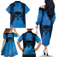 Personalised Moko Kauae New Zealand Family Matching Off The Shoulder Long Sleeve Dress and Hawaiian Shirt Maori Chin Tattoo Blue LT14 - Polynesian Pride