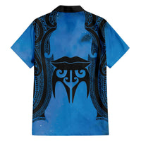 Personalised Moko Kauae New Zealand Family Matching Off The Shoulder Long Sleeve Dress and Hawaiian Shirt Maori Chin Tattoo Blue LT14 - Polynesian Pride