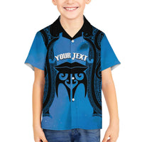 Personalised Moko Kauae New Zealand Family Matching Off The Shoulder Long Sleeve Dress and Hawaiian Shirt Maori Chin Tattoo Blue LT14 Son's Shirt Blue - Polynesian Pride