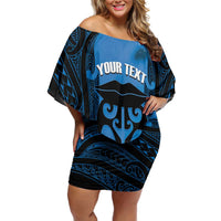 Personalised Moko Kauae New Zealand Family Matching Off Shoulder Short Dress and Hawaiian Shirt Maori Chin Tattoo Blue LT14 Mom's Dress Blue - Polynesian Pride