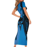 Personalised Moko Kauae New Zealand Family Matching Short Sleeve Bodycon Dress and Hawaiian Shirt Maori Chin Tattoo Blue LT14 - Polynesian Pride