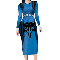 Personalised Moko Kauae New Zealand Long Sleeve Bodycon Dress Maori Chin Tattoo Blue LT14 Long Dress Blue - Polynesian Pride