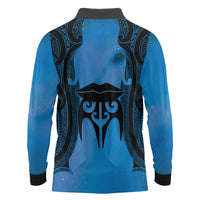 Personalised Moko Kauae New Zealand Long Sleeve Polo Shirt Maori Chin Tattoo Blue LT14 - Polynesian Pride