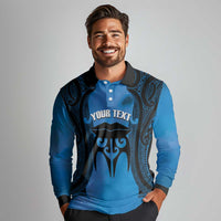 Personalised Moko Kauae New Zealand Long Sleeve Polo Shirt Maori Chin Tattoo Blue LT14 - Polynesian Pride