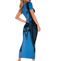 Personalised Moko Kauae New Zealand Short Sleeve Bodycon Dress Maori Chin Tattoo Blue LT14 - Polynesian Pride