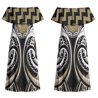 Aotearoa Waikato Tainui Personalised Couples Matching Off Shoulder Maxi Dress and Long Sleeve Button Shirt Maori Iwi Poutama Puhoro Tattoo LT14 - Polynesian Pride