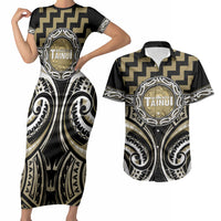Aotearoa Waikato Tainui Personalised Couples Matching Short Sleeve Bodycon Dress and Hawaiian Shirt Maori Iwi Poutama Puhoro Tattoo LT14 Old Yellow - Polynesian Pride