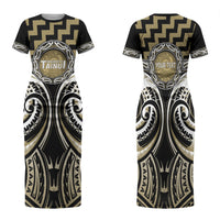 Aotearoa Waikato Tainui Personalised Family Matching Short Sleeve Bodycon Dress and Hawaiian Shirt Maori Iwi Poutama Puhoro Tattoo LT14 Mom's Dress Old Yellow - Polynesian Pride