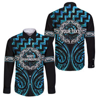 Aotearoa Ngati Kahungunu Personalised Family Matching Off The Shoulder Long Sleeve Dress and Hawaiian Shirt Maori Iwi Poutama Puhoro Tattoo LT14 Dad's Shirt - Long Sleeve Turquoise - Polynesian Pride