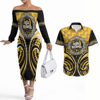 Aotearoa Ngati Whatua Personalised Couples Matching Off The Shoulder Long Sleeve Dress and Hawaiian Shirt Maori Iwi Poutama Puhoro Tattoo LT14 Yellow - Polynesian Pride