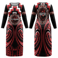 Aotearoa Te Arawa Personalised Family Matching Long Sleeve Bodycon Dress and Hawaiian Shirt Maori Iwi Poutama Puhoro Tattoo LT14 Mom's Dress Red - Polynesian Pride
