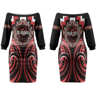 Aotearoa Te Arawa Personalised Family Matching Off The Shoulder Long Sleeve Dress and Hawaiian Shirt Maori Iwi Poutama Puhoro Tattoo LT14 Mom's Dress Red - Polynesian Pride
