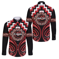 Aotearoa Te Arawa Personalised Family Matching Off The Shoulder Long Sleeve Dress and Hawaiian Shirt Maori Iwi Poutama Puhoro Tattoo LT14 Dad's Shirt - Long Sleeve Red - Polynesian Pride