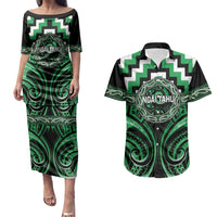 Aotearoa Ngai Tahu Personalised Couples Matching Puletasi and Hawaiian Shirt Maori Iwi Poutama Puhoro Tattoo LT14 Green - Polynesian Pride