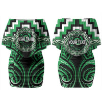 Aotearoa Ngai Tahu Personalised Family Matching Off Shoulder Short Dress and Hawaiian Shirt Maori Iwi Poutama Puhoro Tattoo LT14 Mom's Dress Green - Polynesian Pride