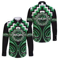 Aotearoa Ngai Tahu Personalised Family Matching Tank Maxi Dress and Hawaiian Shirt Maori Iwi Poutama Puhoro Tattoo LT14 Dad's Shirt - Long Sleeve Green - Polynesian Pride