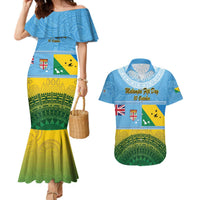 Personalised Malampa Fiji Day Couples Matching Mermaid Dress and Hawaiian Shirt 10 October Fijian Tapa Flag Style LT14 Blue - Polynesian Pride