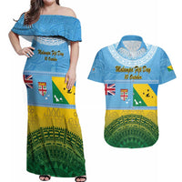 Personalised Malampa Fiji Day Couples Matching Off Shoulder Maxi Dress and Hawaiian Shirt 10 October Fijian Tapa Flag Style LT14 Blue - Polynesian Pride