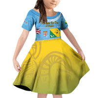 Personalised Malampa Fiji Day Family Matching Off Shoulder Short Dress and Hawaiian Shirt 10 October Fijian Tapa Flag Style LT14 Daughter's Dress Blue - Polynesian Pride