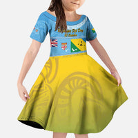 Personalised Malampa Fiji Day Family Matching Puletasi and Hawaiian Shirt 10 October Fijian Tapa Flag Style LT14 Daughter's Dress Blue - Polynesian Pride