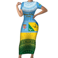 Personalised Malampa Fiji Day Short Sleeve Bodycon Dress 10 October Fijian Tapa Flag Style LT14 Long Dress Blue - Polynesian Pride