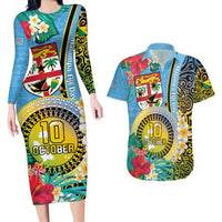 Vanuatu Malampa Fiji Day Couples Matching Long Sleeve Bodycon Dress and Hawaiian Shirt Happy 10 October With Maps Tropical Flowers LT14 Blue - Polynesian Pride
