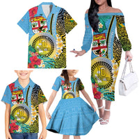 Vanuatu Malampa Fiji Day Family Matching Off The Shoulder Long Sleeve Dress and Hawaiian Shirt Happy 10 October With Maps Tropical Flowers LT14 - Polynesian Pride