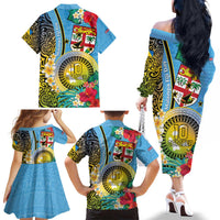 Vanuatu Malampa Fiji Day Family Matching Off The Shoulder Long Sleeve Dress and Hawaiian Shirt Happy 10 October With Maps Tropical Flowers LT14 - Polynesian Pride